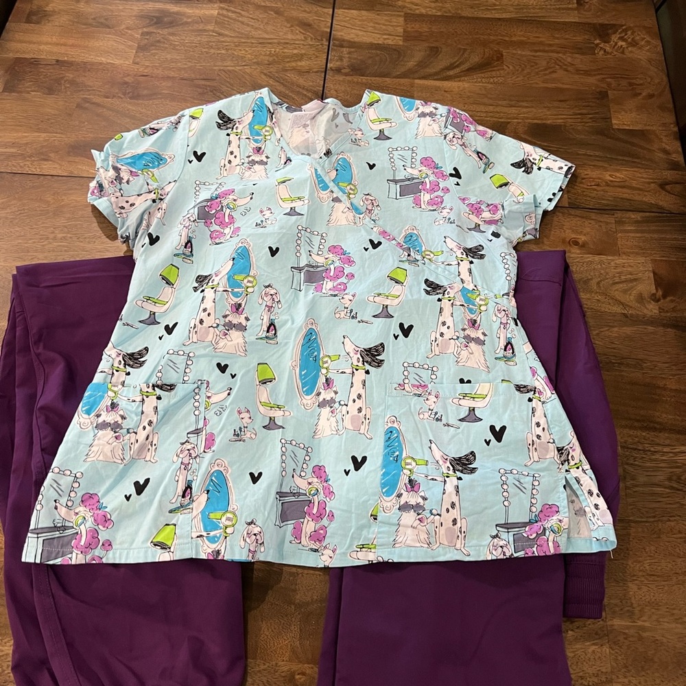 2 pair of Scrubstar pants with dog scrub top